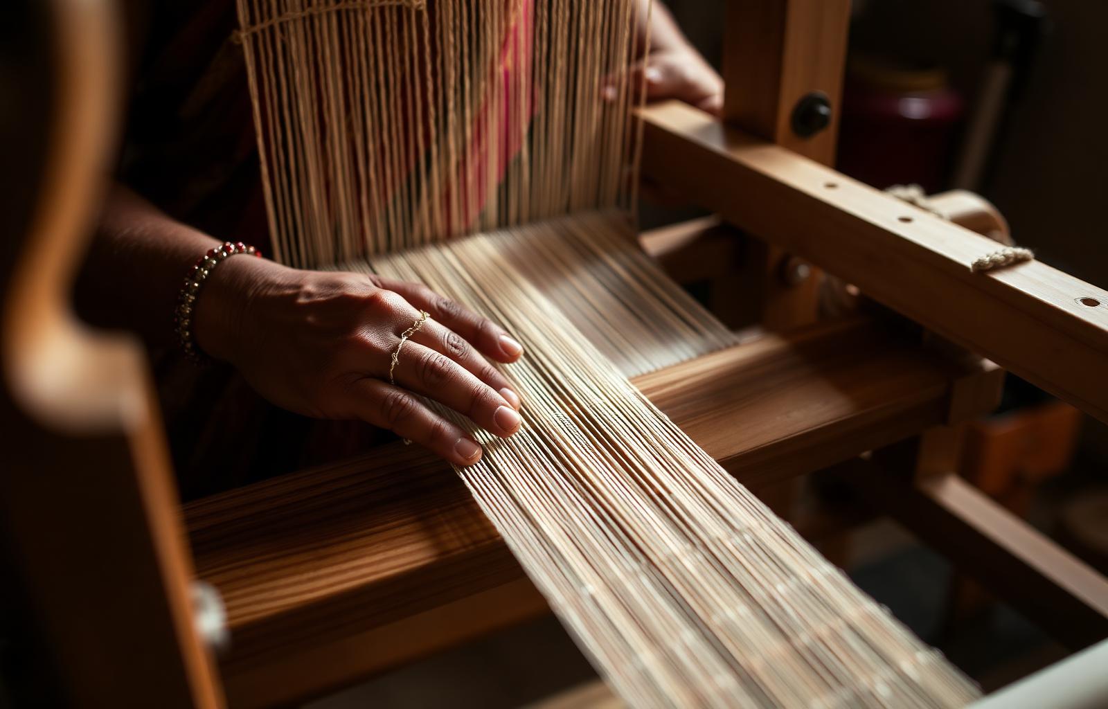 Artisan hands weaving silk on a traditional handloom